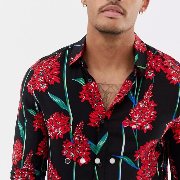 NWT ASOS Religion Revere Black Collar Button Down Shirt w/ Red Floral Print - Picture 2 of 16